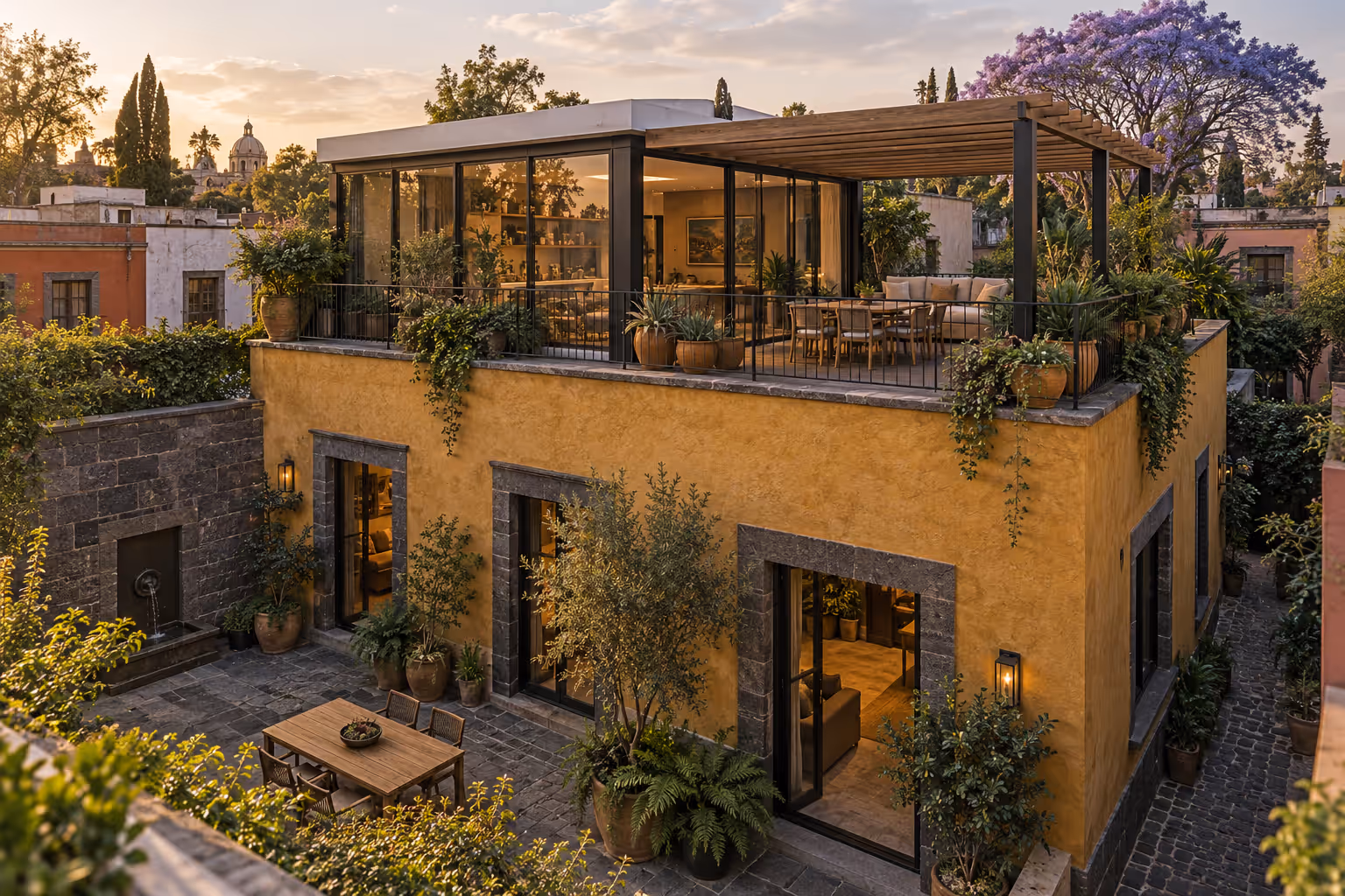 Concepto de la misma casa con una ampliación de vidrio, pérgola y terraza