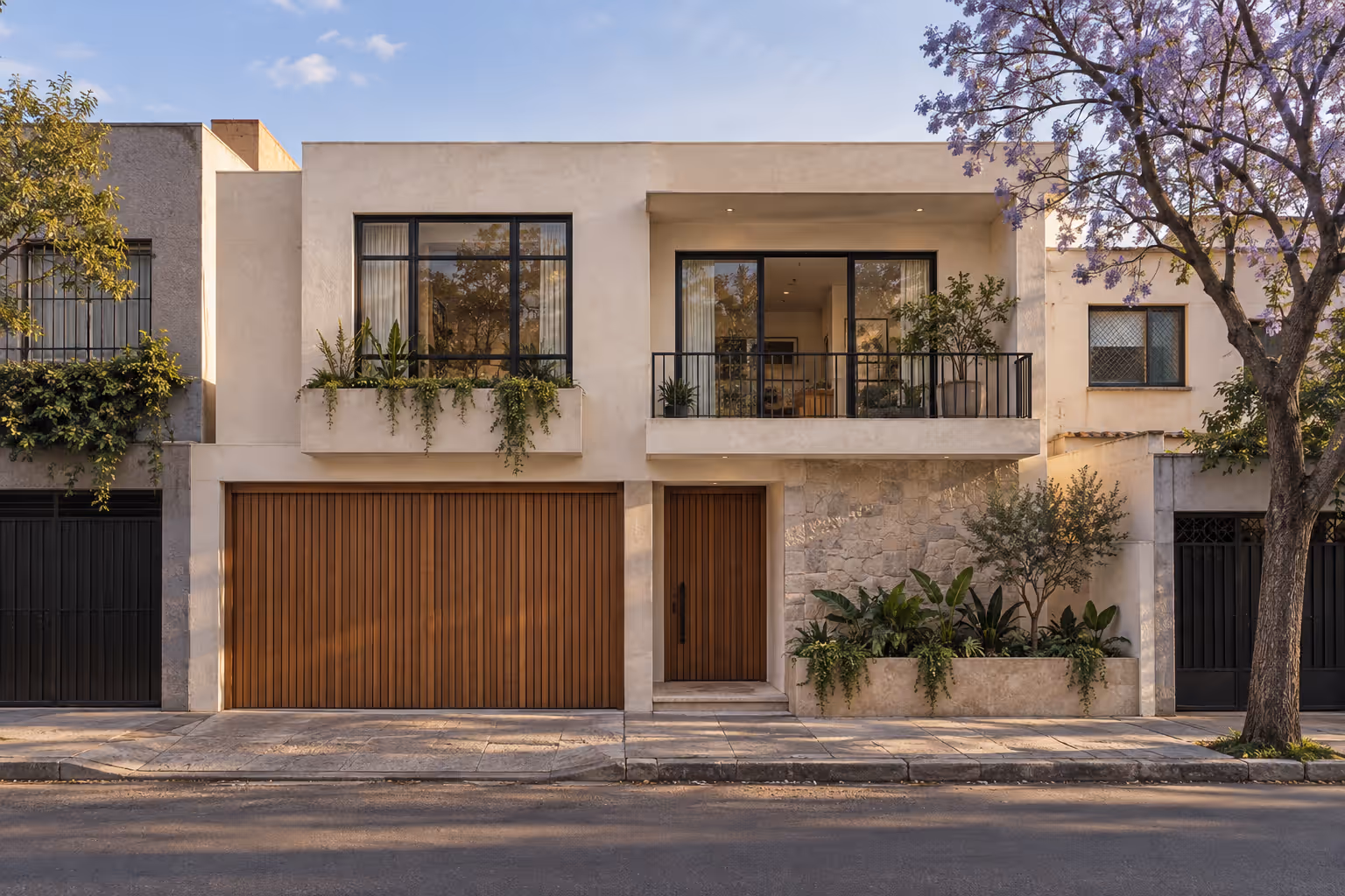 Concepto de la misma casa en Del Valle con fachada renovada, madera y ventanas amplias