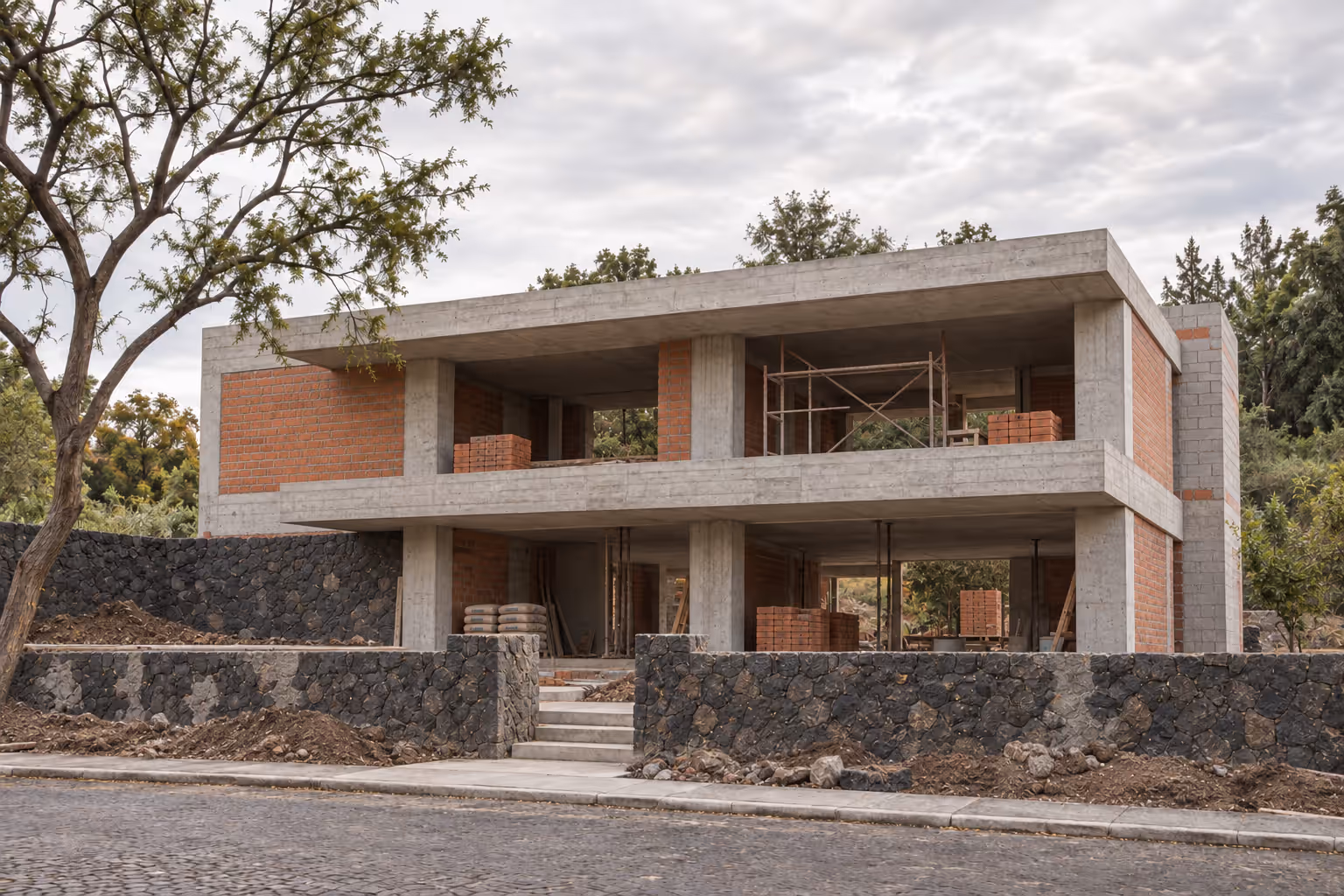 Concepto de una residencia en el Pedregal en etapa de obra con estructura expuesta